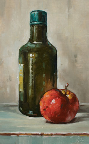 118-Flasche-mit-Apfel-2026-Oel-Kt-22x14cm